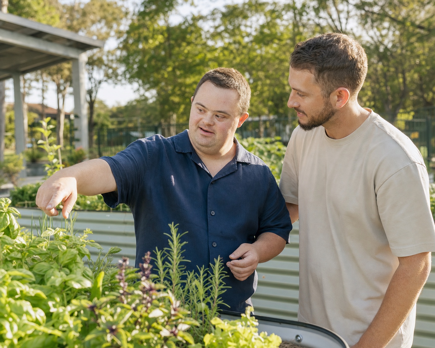 A participant explains the herbs he has grown while a support worker listens in a community garden.