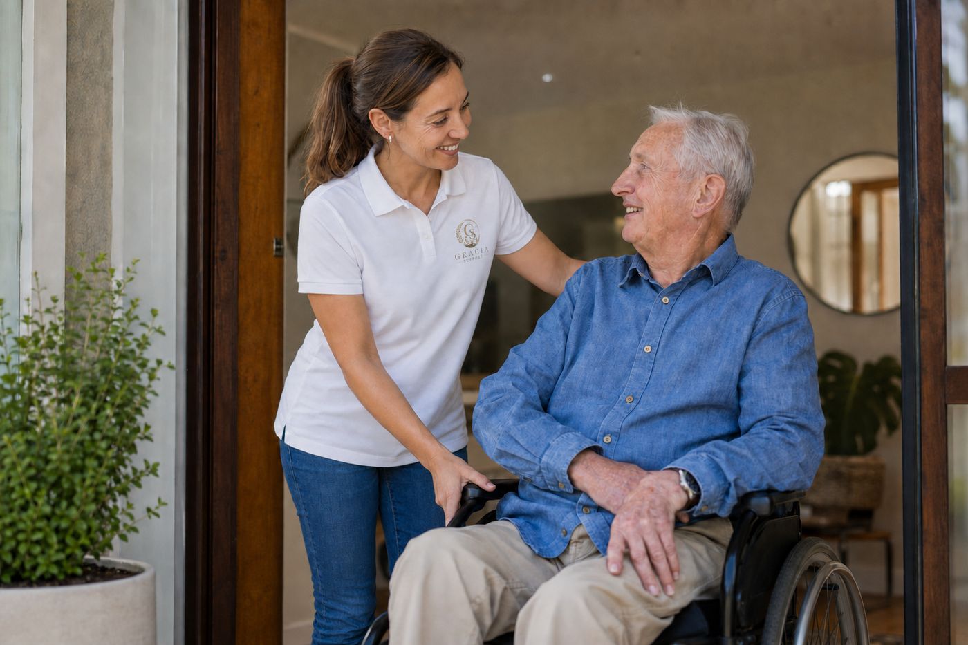 A Gracia Support worker assisting an older man in a wheelchair at home.
