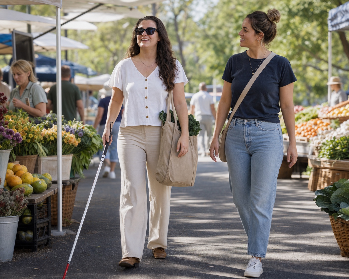 A participant using a white cane walks through a produce market with a support worker.