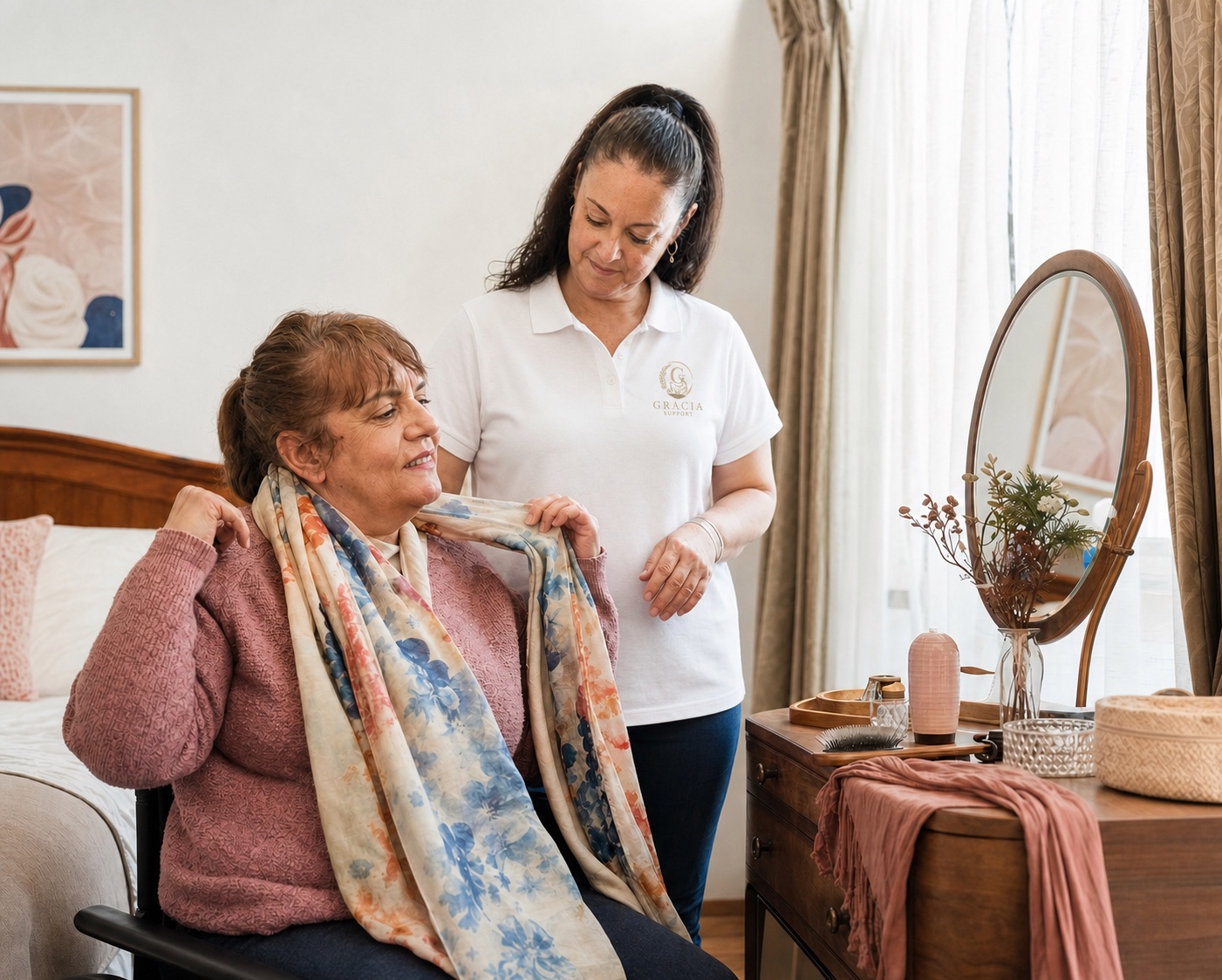 A participant chooses a scarf while a Gracia Support worker assists with her morning routine.