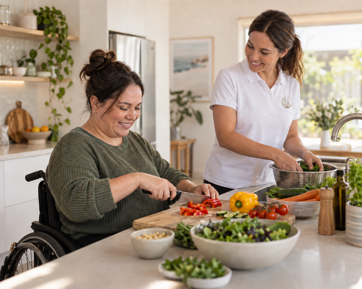 A wheelchair user prepares vegetables with a Gracia Support worker in a bright home kitchen.